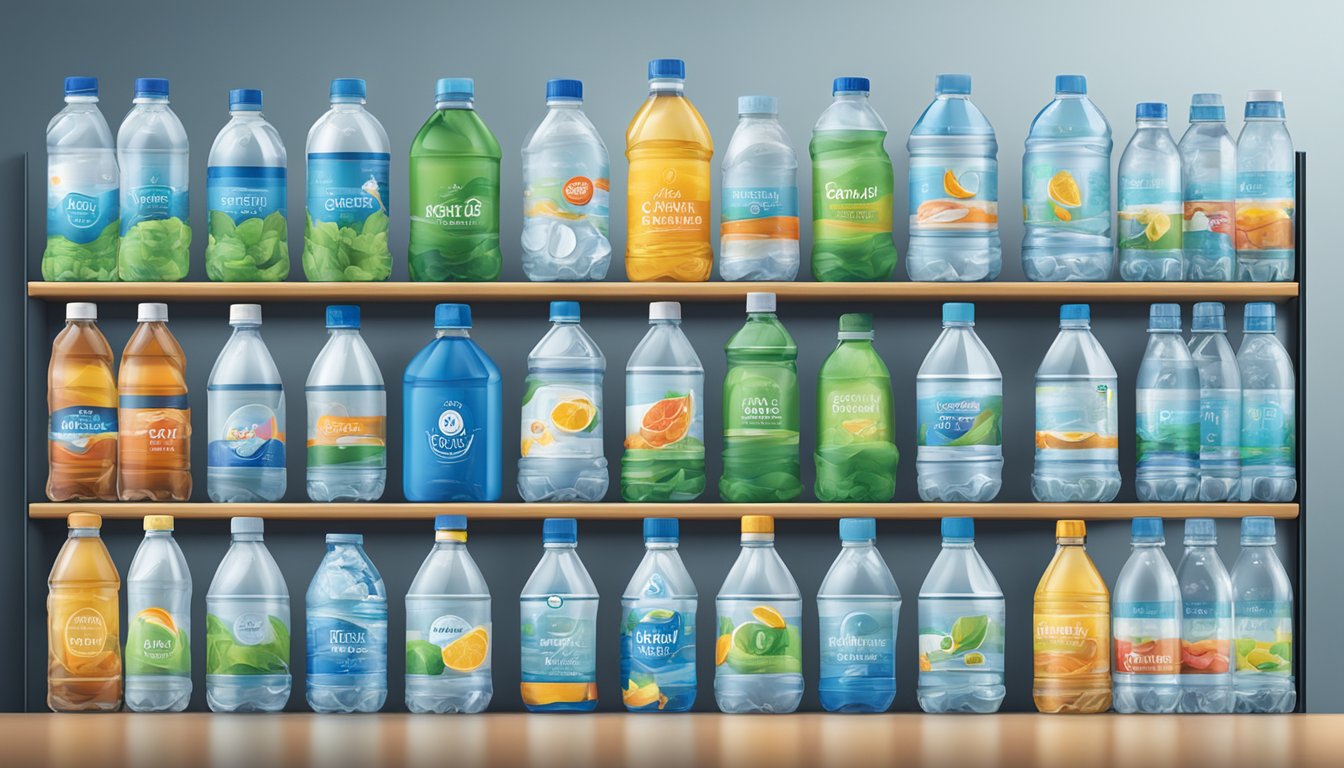 A variety of water bottle brands displayed on shelves with clear consumer guidance labels