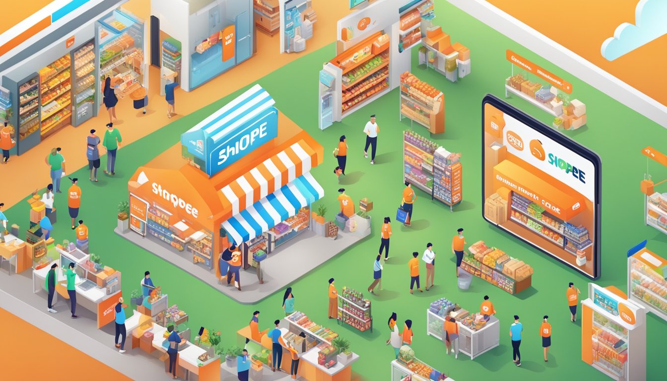 A vibrant marketplace with the "Shopee" brand displayed on digital screens, surrounded by diverse products and happy customers