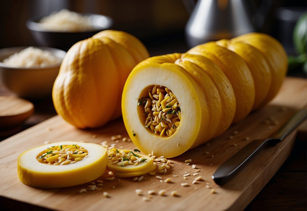 Squash being sliced and marinated in soy sauce, garlic, and ginger for a Chinese recipe