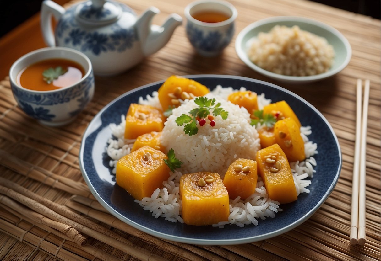 A plate of Chinese squash dish with a side of rice, a pair of chopsticks, and a teapot with cups on a bamboo placemat