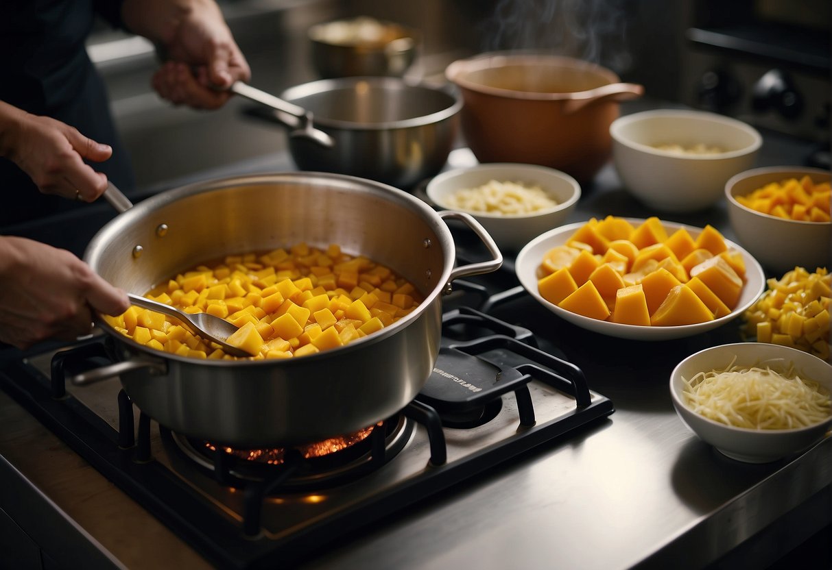 A pot simmers on a stove, filled with chopped squash, ginger, and broth. A chef measures out spices and prepares to blend the ingredients