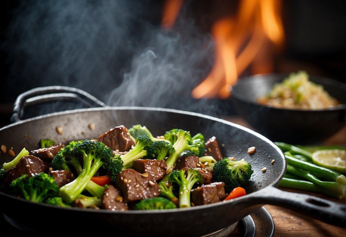 Sizzling beef and broccoli stir-fry in a wok with vibrant green vegetables and savory Chinese sauce