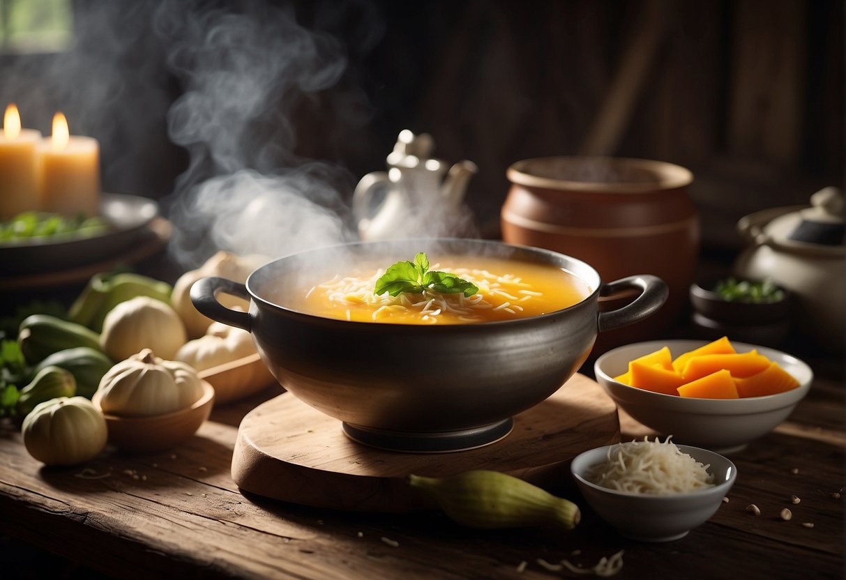 A steaming pot of Chinese squash soup sits on a rustic wooden table, surrounded by fresh ingredients and a handwritten recipe card