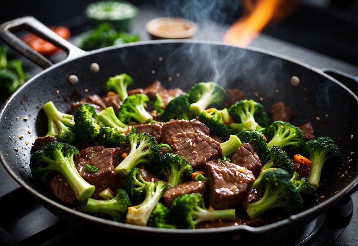Sizzling beef and vibrant green broccoli stir-frying in a wok, infused with savory Chinese seasonings and fragrant aromas