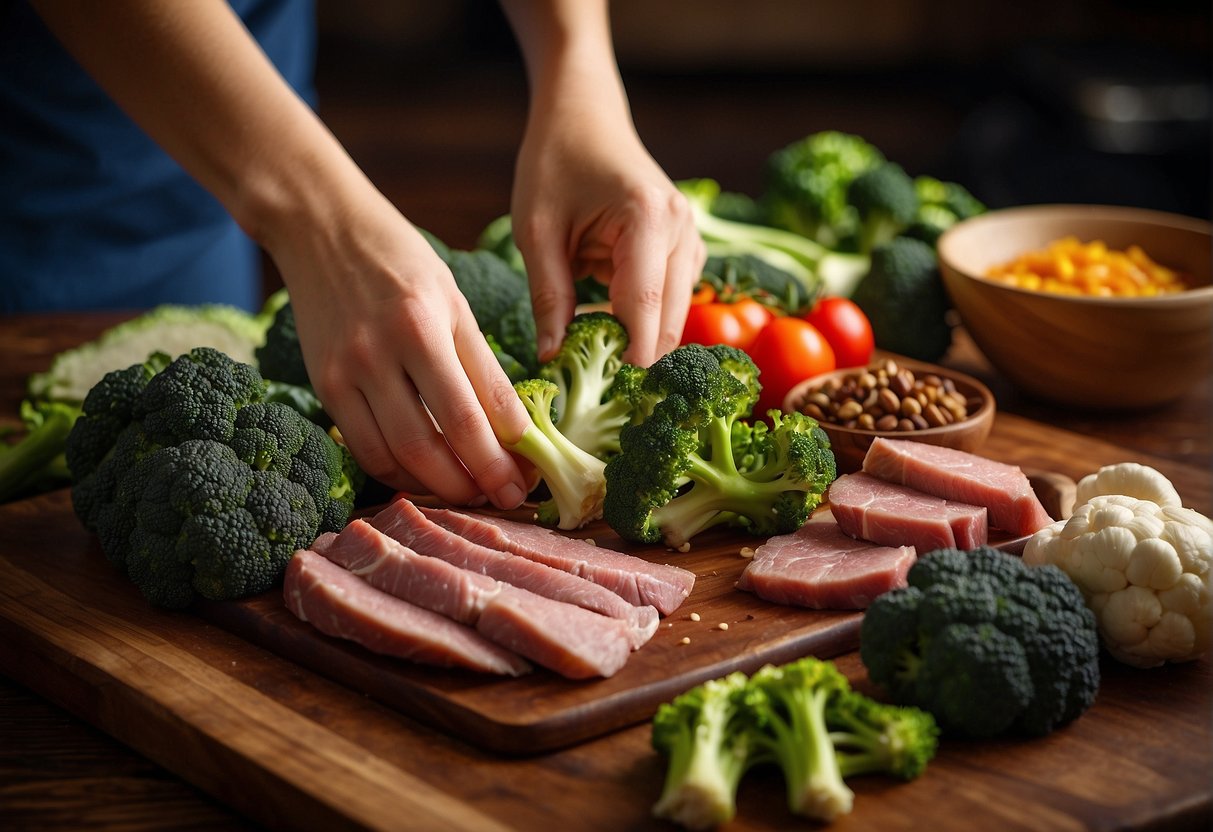 A hand reaches for fresh broccoli and slices of beef on a wooden cutting board, surrounded by various Chinese cooking ingredients