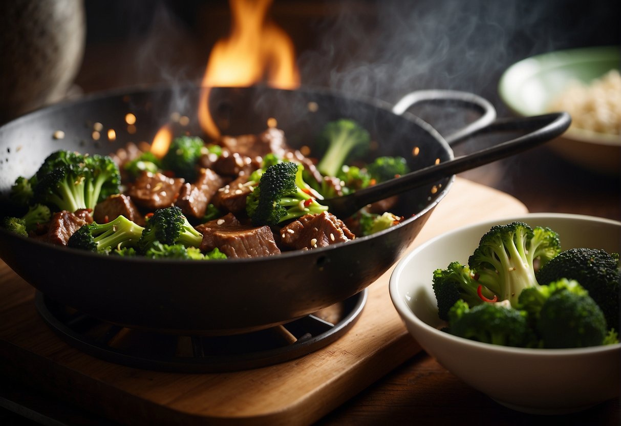 A wok sizzles as beef and broccoli are stir-fried in a savory Chinese sauce, with ginger and garlic aromas filling the air