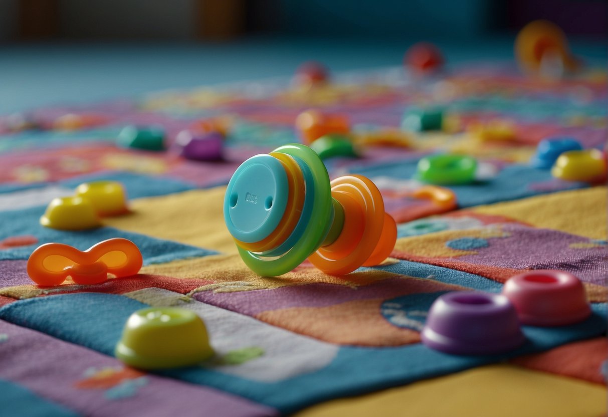 A pacifier lies abandoned on a colorful playmat, surrounded by scattered toys. A baby's disapproving expression is evident as they turn away from the pacifier