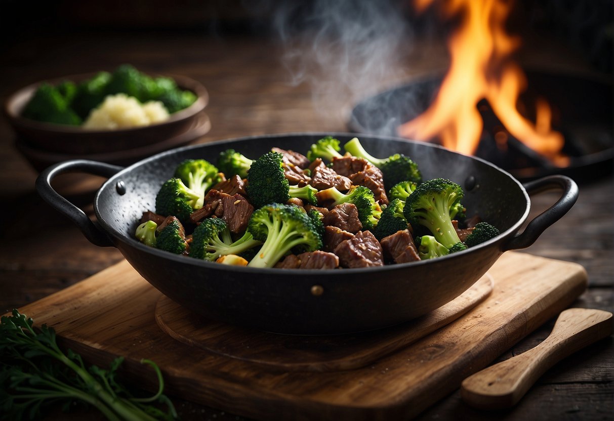 Sizzling beef and broccoli in a wok with aromatic Chinese spices