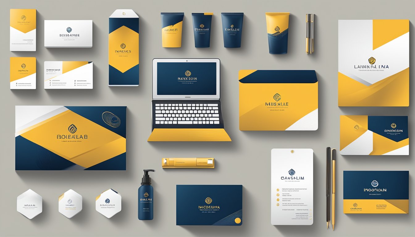 A sleek, modern logo displayed on various products, from business cards to packaging, with a cohesive color scheme and clean typography