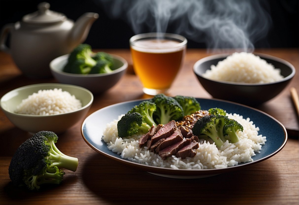 A steaming plate of beef broccoli sits on a wooden table, accompanied by a bowl of white rice and a pair of chopsticks. A small dish of soy sauce and a pot of hot tea complete the scene