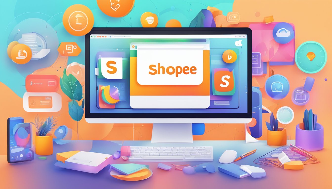 A computer screen displaying a vibrant and modern Shopee brand logo, surrounded by various digital marketing and brand design elements