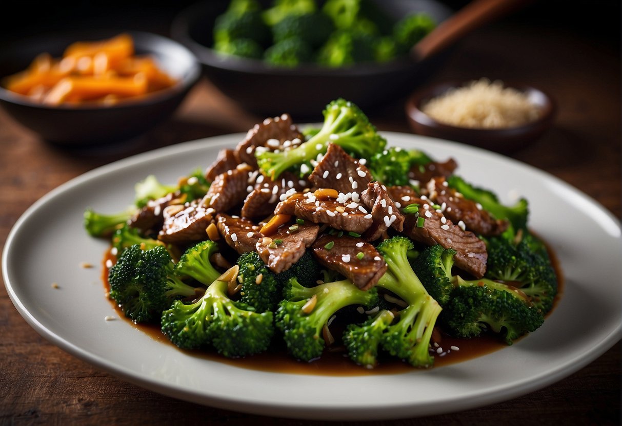 A sizzling wok stir-fries tender beef strips with vibrant green broccoli, infused with traditional Chinese flavors