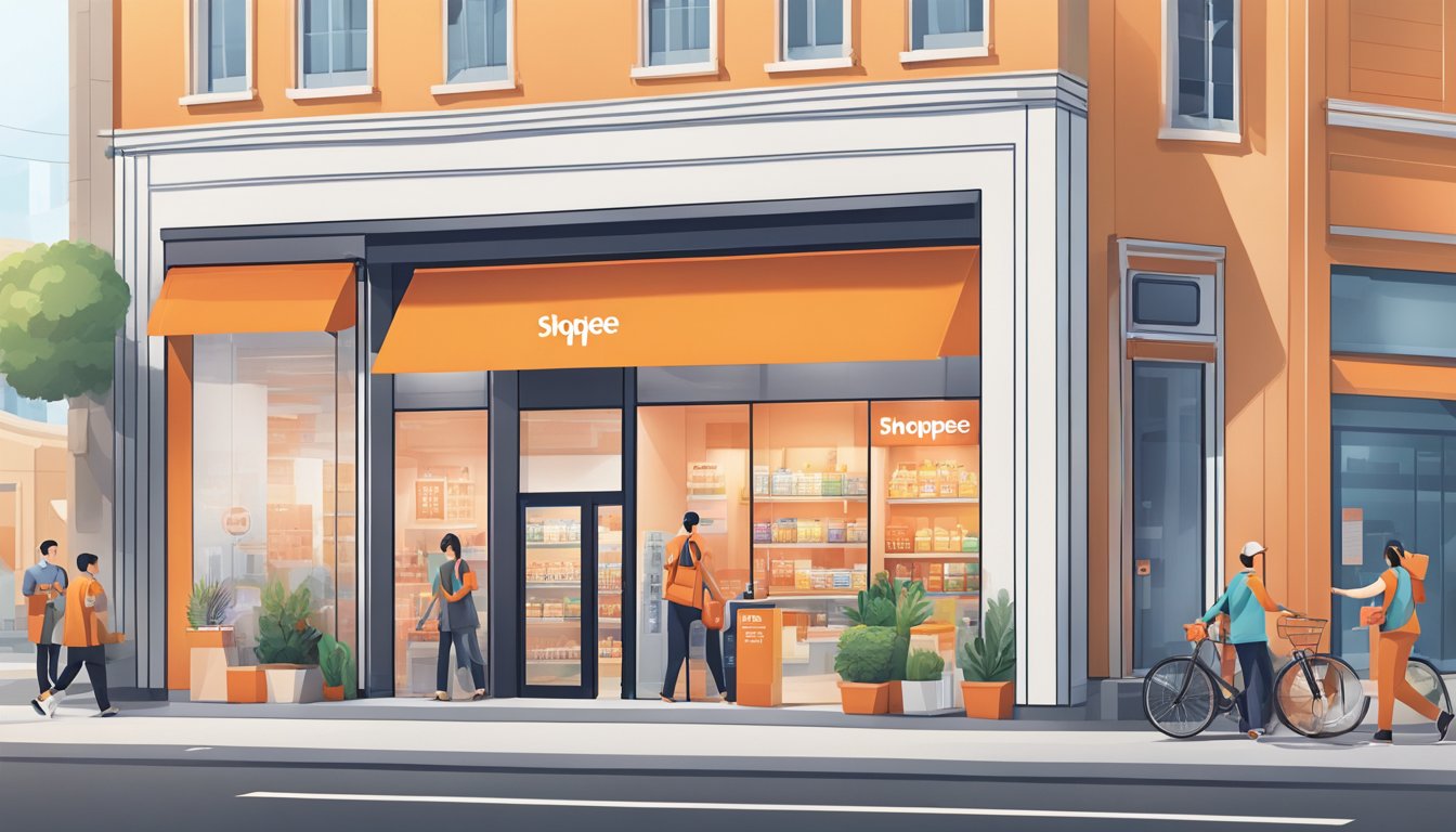 The Operational Excellence Shopee brand features a sleek, modern storefront with clean lines and vibrant branding. The shop is bustling with activity, with customers browsing the wide selection of products and staff members efficiently managing the operations