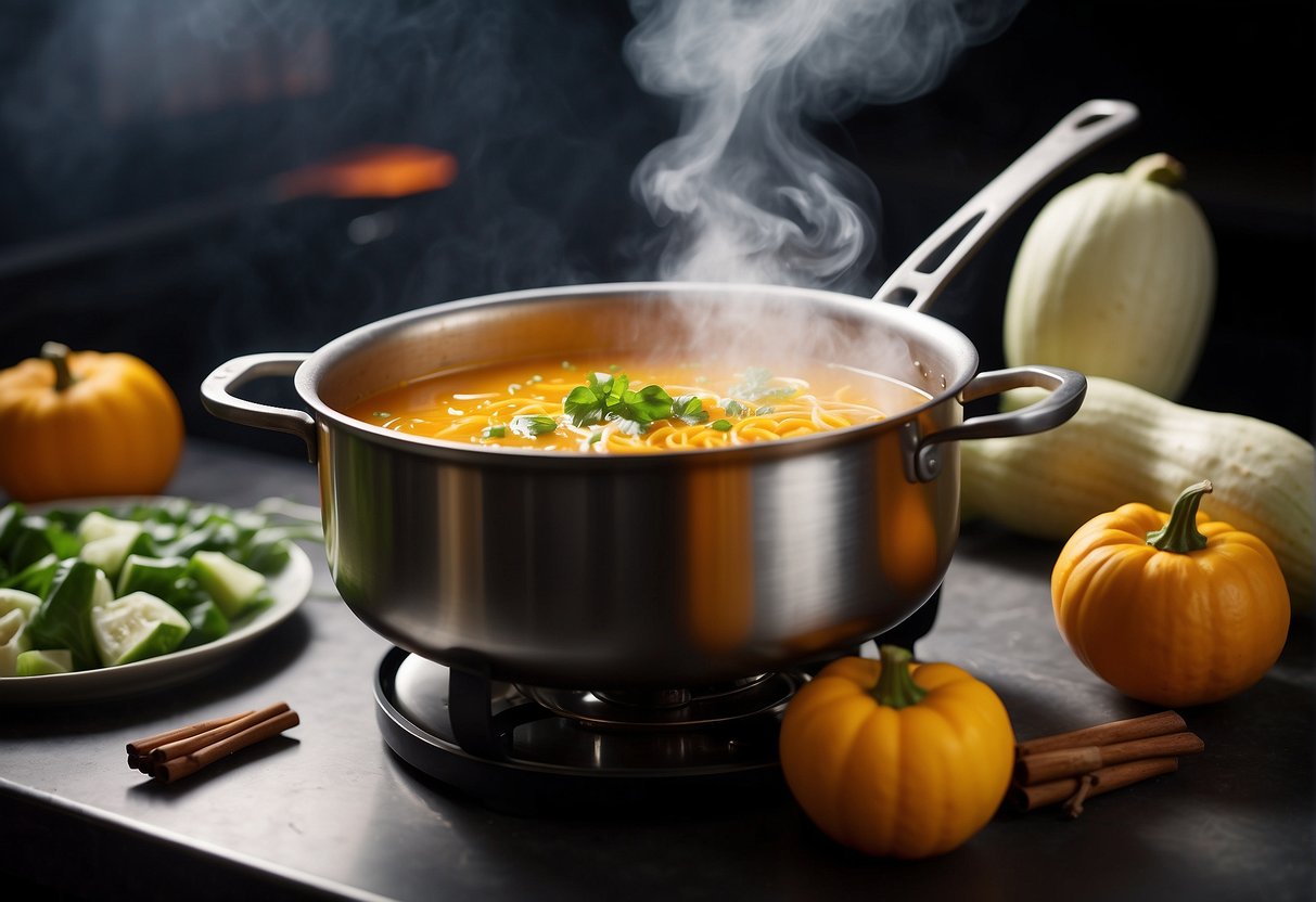 A steaming pot of Chinese squash soup simmers on a stovetop. A variety of colorful vegetables and fragrant spices are arranged nearby