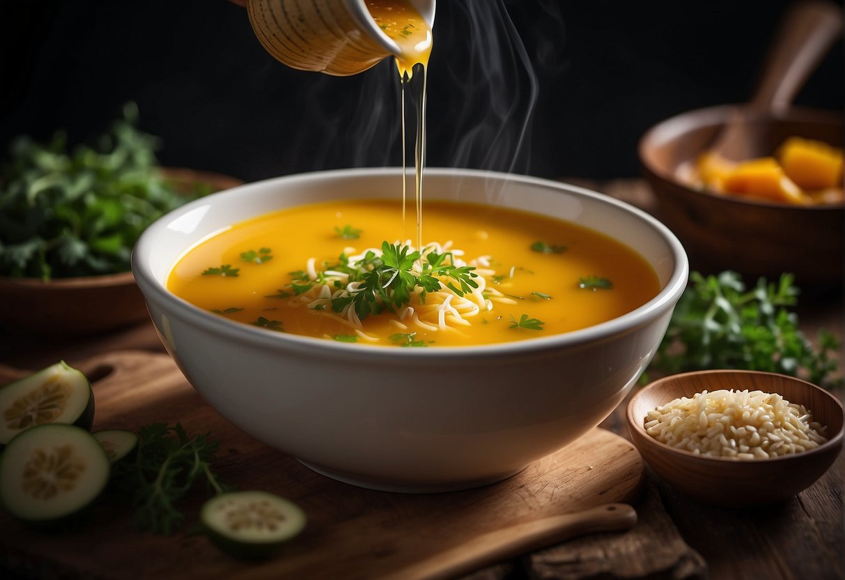 A hand pours steaming squash soup into a bowl, garnishing with fresh herbs and a drizzle of sesame oil