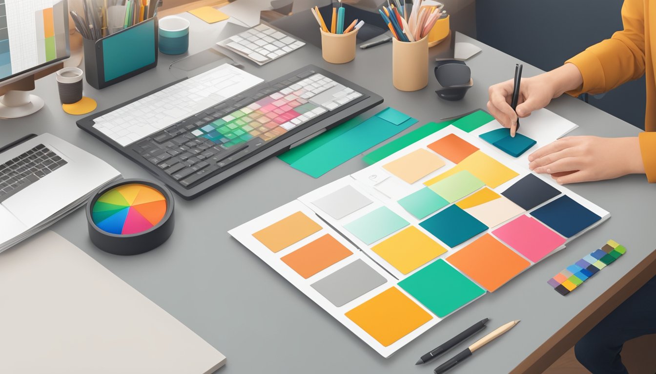 A company logo being created with a color palette and typography options laid out on a designer's desk