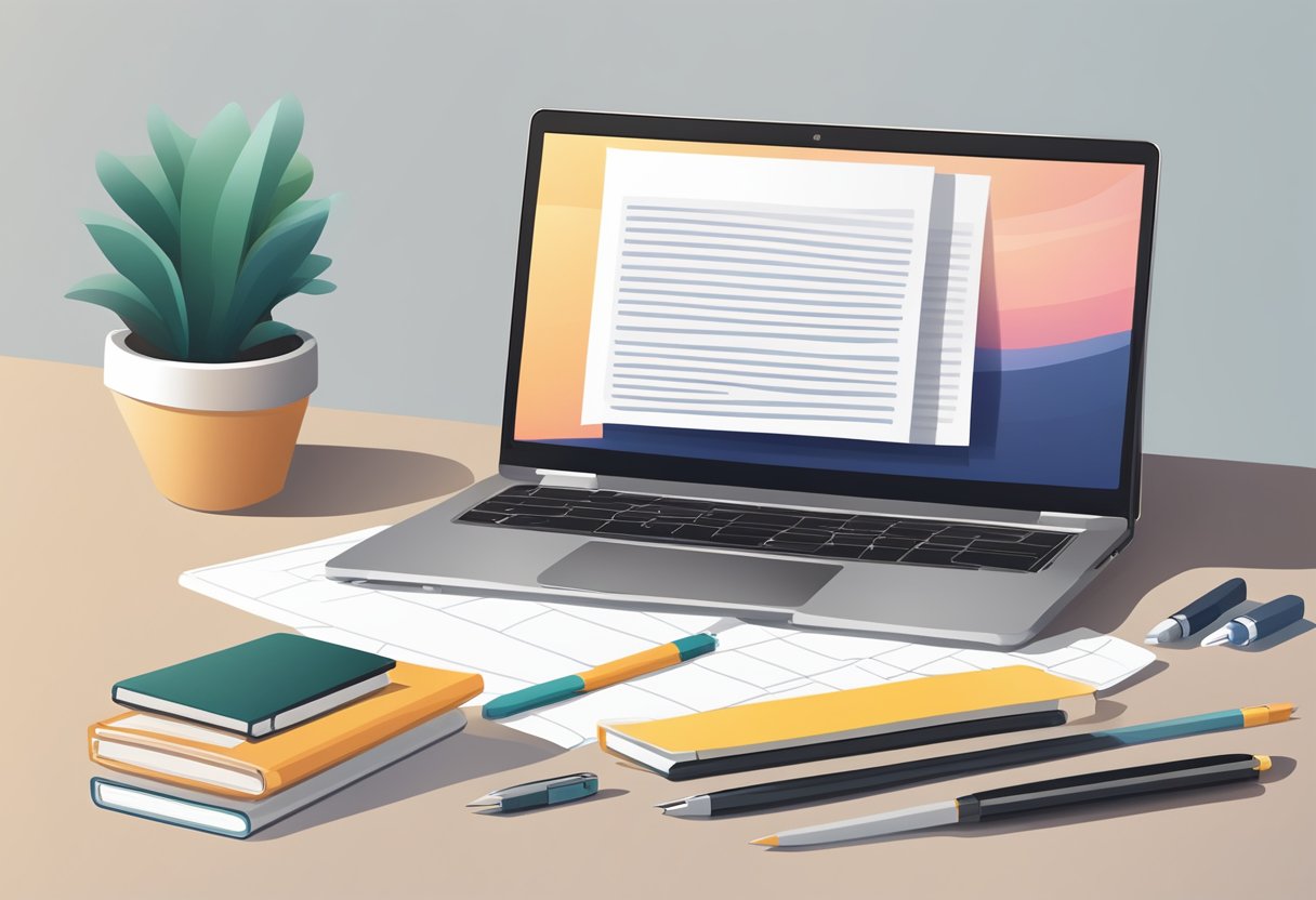 A laptop open on a desk, with a blank blogging platform on the screen. A notebook and pen next to it