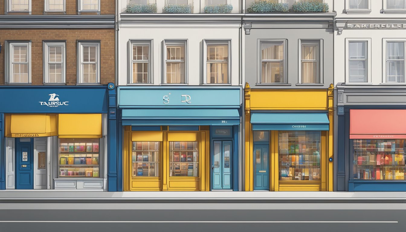 A row of iconic UK clothing brand logos displayed on storefronts