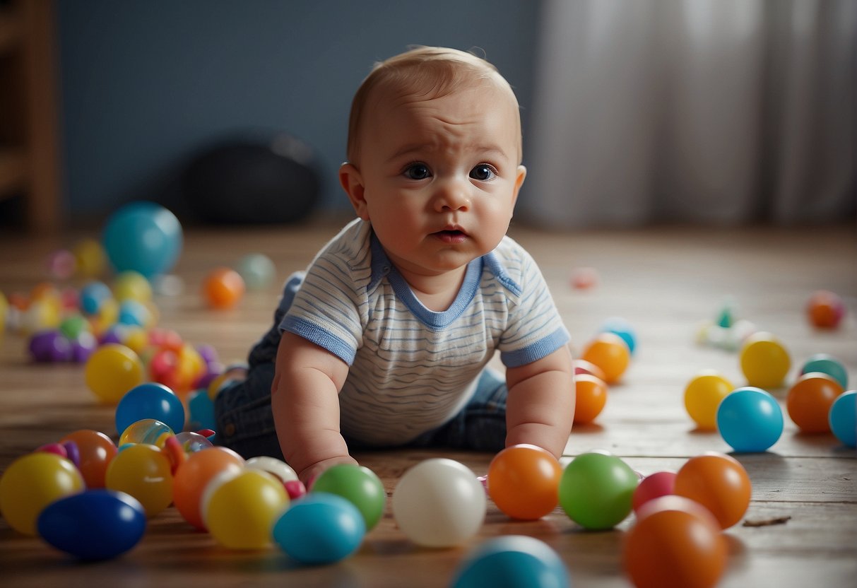 A baby pacifier lies abandoned on the floor, surrounded by scattered toys. A frustrated baby looks on, refusing to take the pacifier