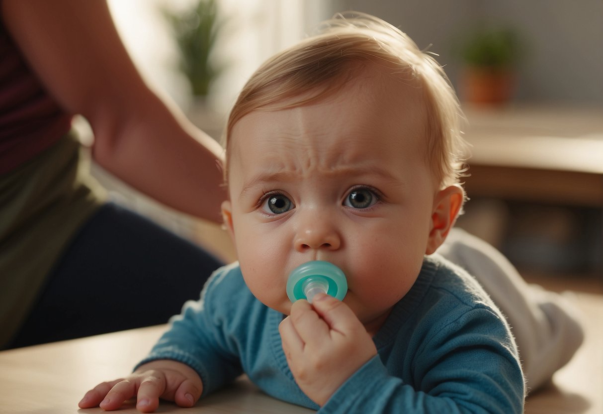 A baby pacifier lies untouched on a table, while a parent looks on with a concerned expression, trying to coax the baby to accept it