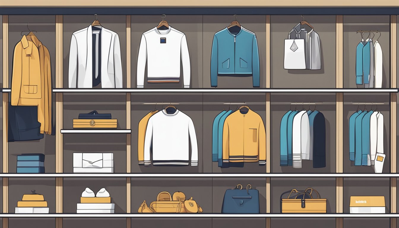 A row of sleek, modern clothing labels and logos line the shelves in a trendy boutique