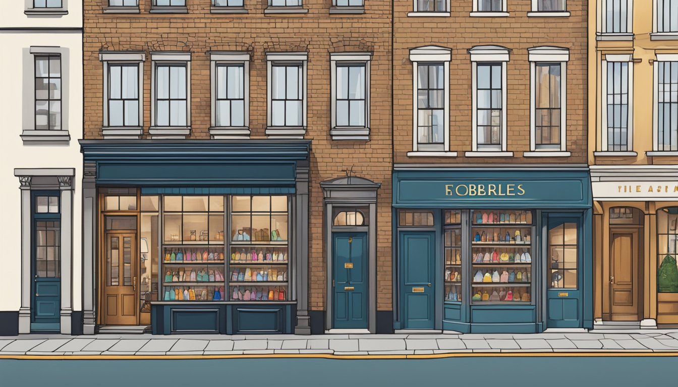 A row of iconic British clothing brands' storefronts, each with their unique style and branding, lining a cobblestone street in a bustling city