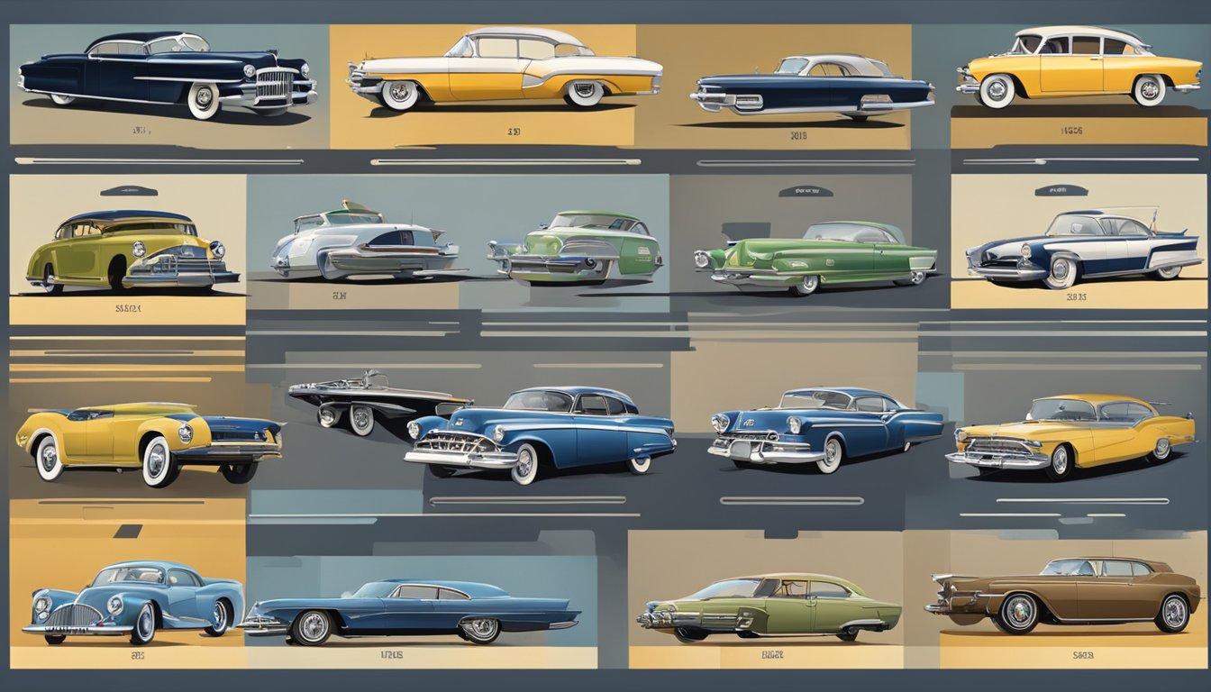 A timeline of American car brands from early 20th century to present, showcasing iconic models and logos