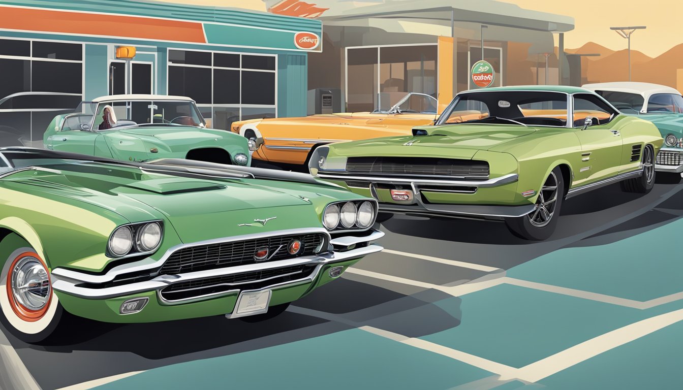 A lineup of classic American car models, including Ford Mustang, Chevrolet Corvette, and Dodge Charger, parked in front of a retro gas station