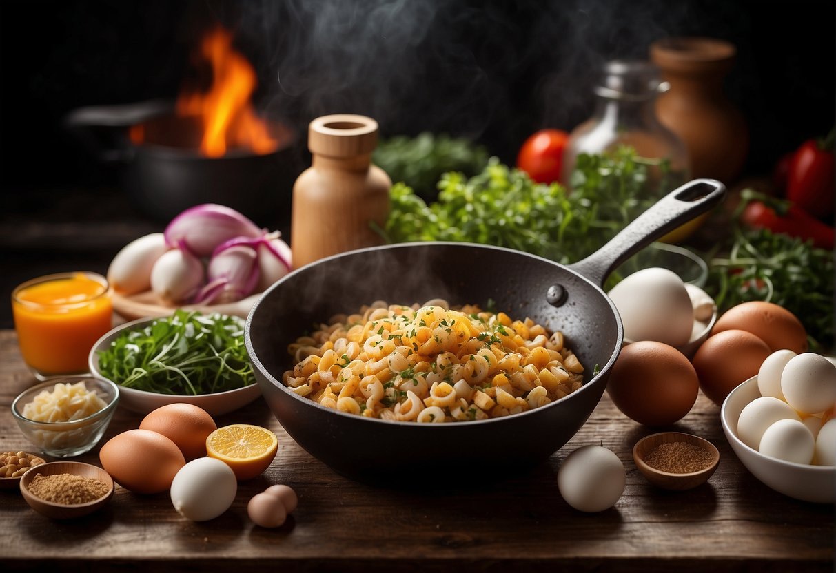 A table filled with ingredients like squid, eggs, flour, and seasonings. A mixing bowl with the combined ingredients. A frying pan sizzling with the cooking squid cake