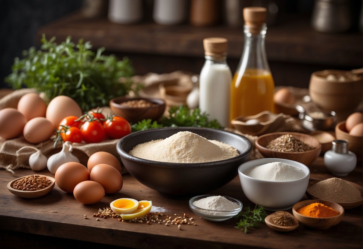 A table set with ingredients: squid, flour, eggs, and spices. A mixing bowl and utensils ready for preparation