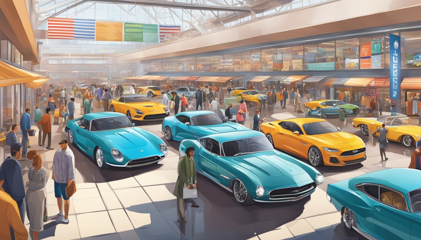 The scene shows a diverse array of American car brands displayed in a bustling market setting, with colorful signage and eager customers browsing the selection