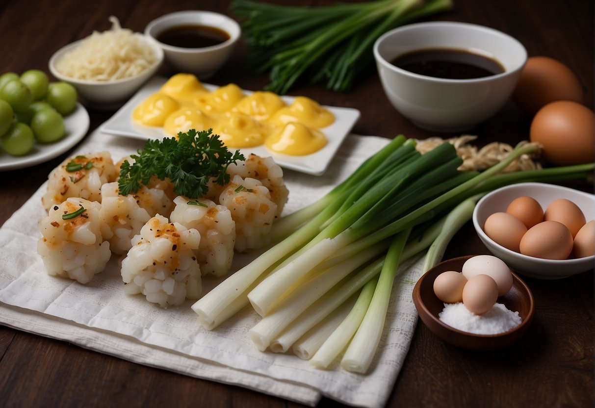 A table with various ingredients: squid, green onions, soy sauce, cornstarch, and eggs, along with cooking utensils and a recipe card