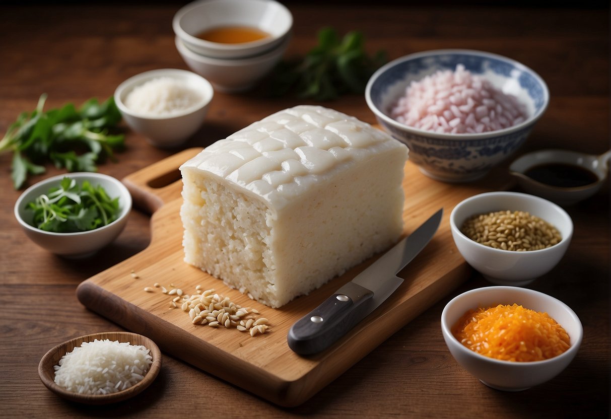 Chinese squid cake ingredients laid out on a wooden cutting board with a chef's knife and mixing bowl nearby