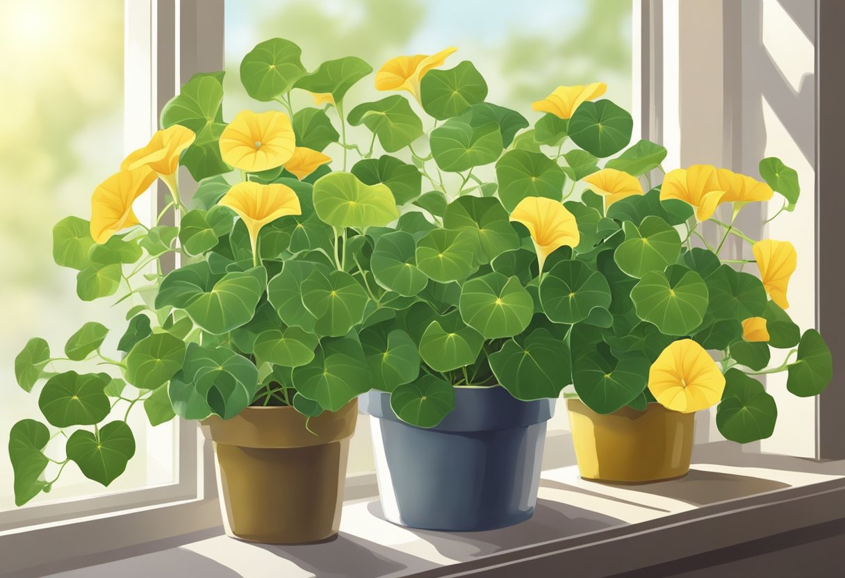 Morning glory leaves turn yellow, curling at the edges. The plant sits in a pot on a sunny windowsill, surrounded by other greenery