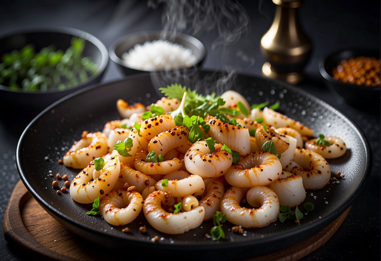 A plate of Chinese squid recipes sizzling in a hot pan with salt and pepper seasoning