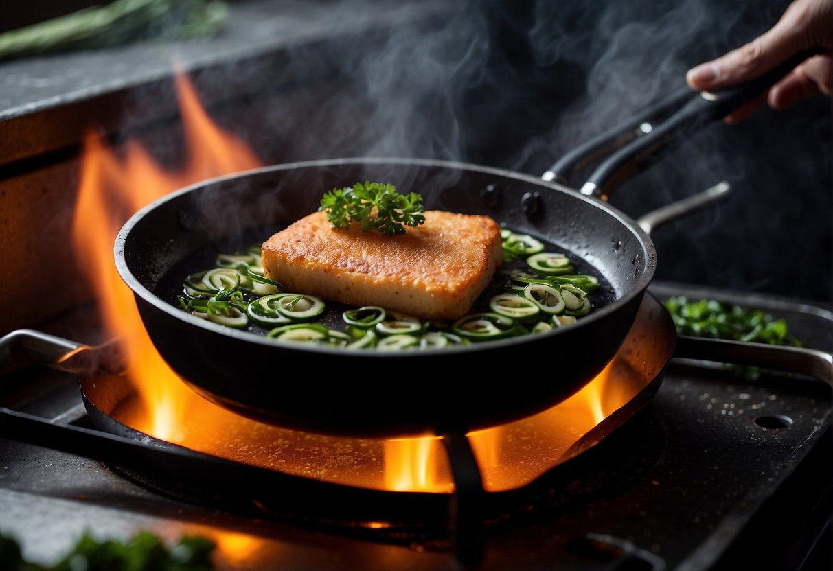 Sizzling squid cake frying in hot oil, emitting a savory aroma. Ingredients like squid, vegetables, and seasonings are visible in the sizzling pan