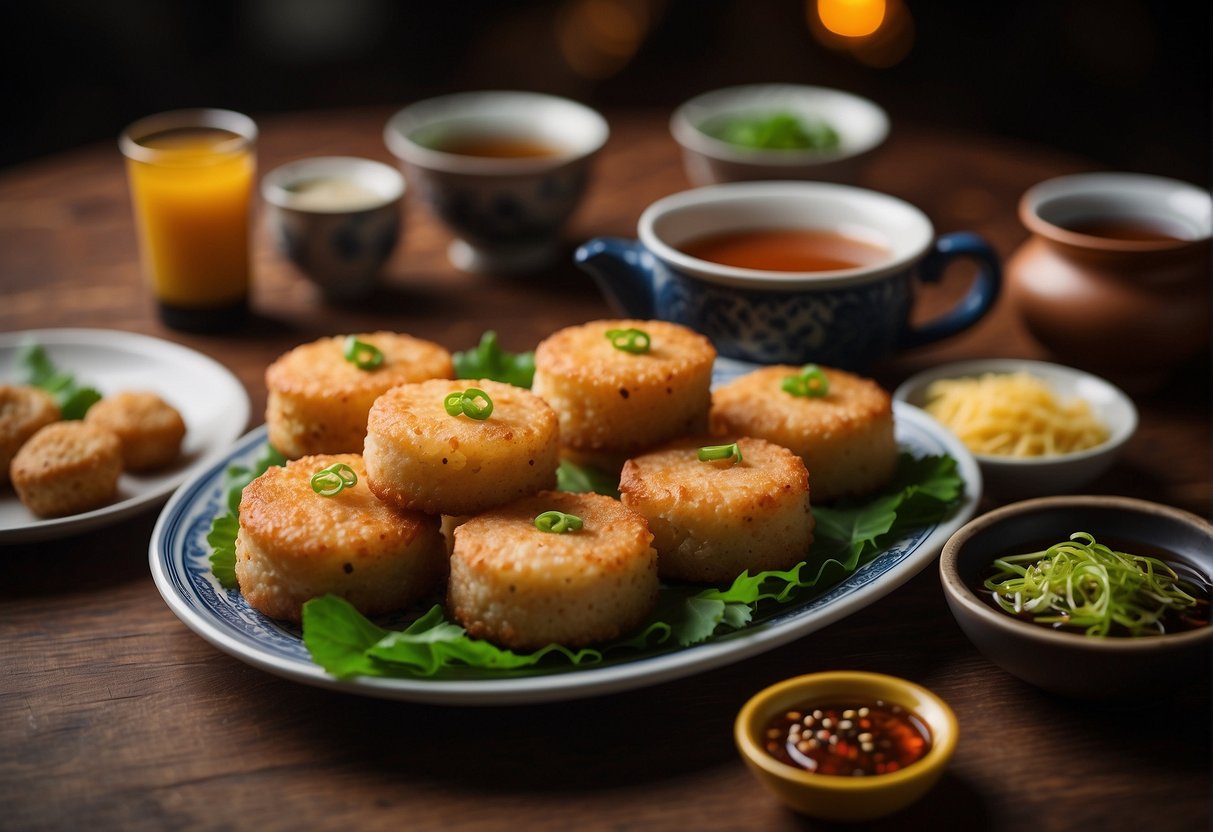 A table set with Chinese squid cakes, surrounded by various condiments and paired with a selection of teas