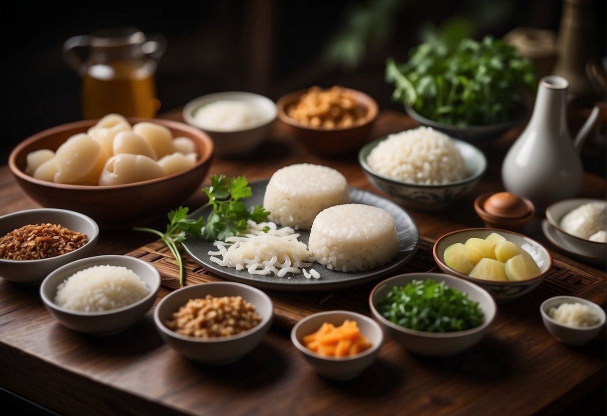 A table with ingredients and utensils for making Chinese squid cake