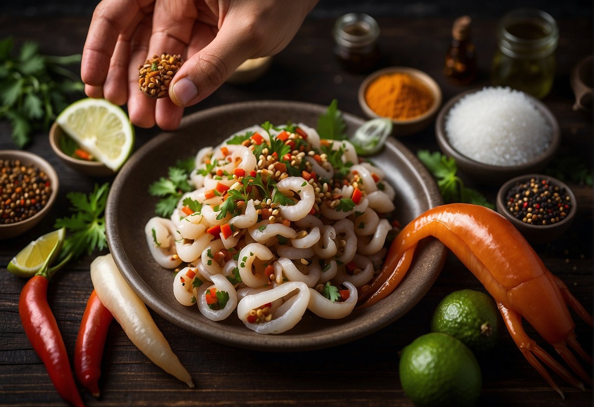 A hand reaches for a fresh squid, surrounded by Chinese spices. Salt and pepper sit nearby, ready for the perfect recipe