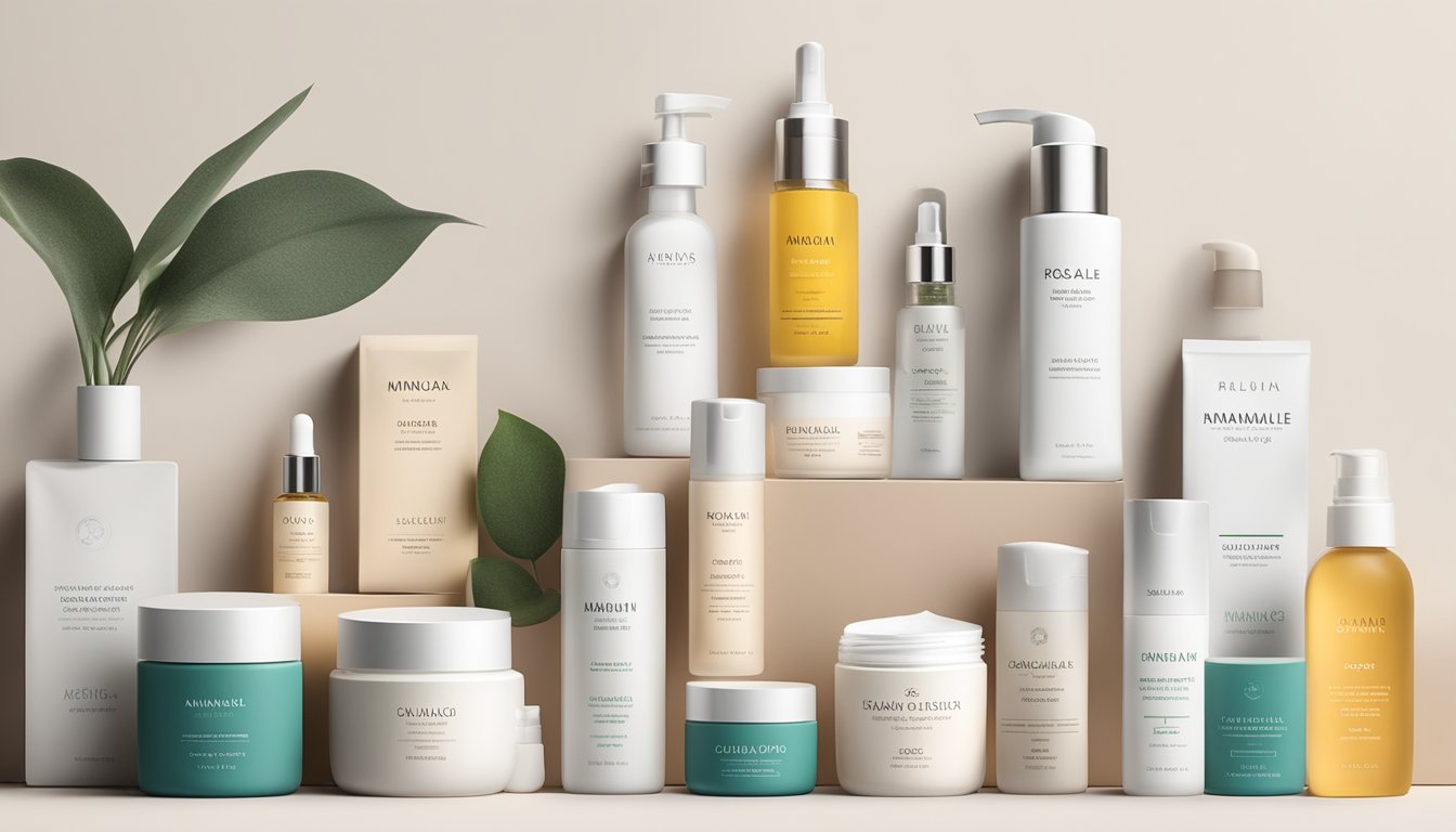 Various skin care brands arranged on a clean, white surface with minimalist packaging and natural ingredients displayed