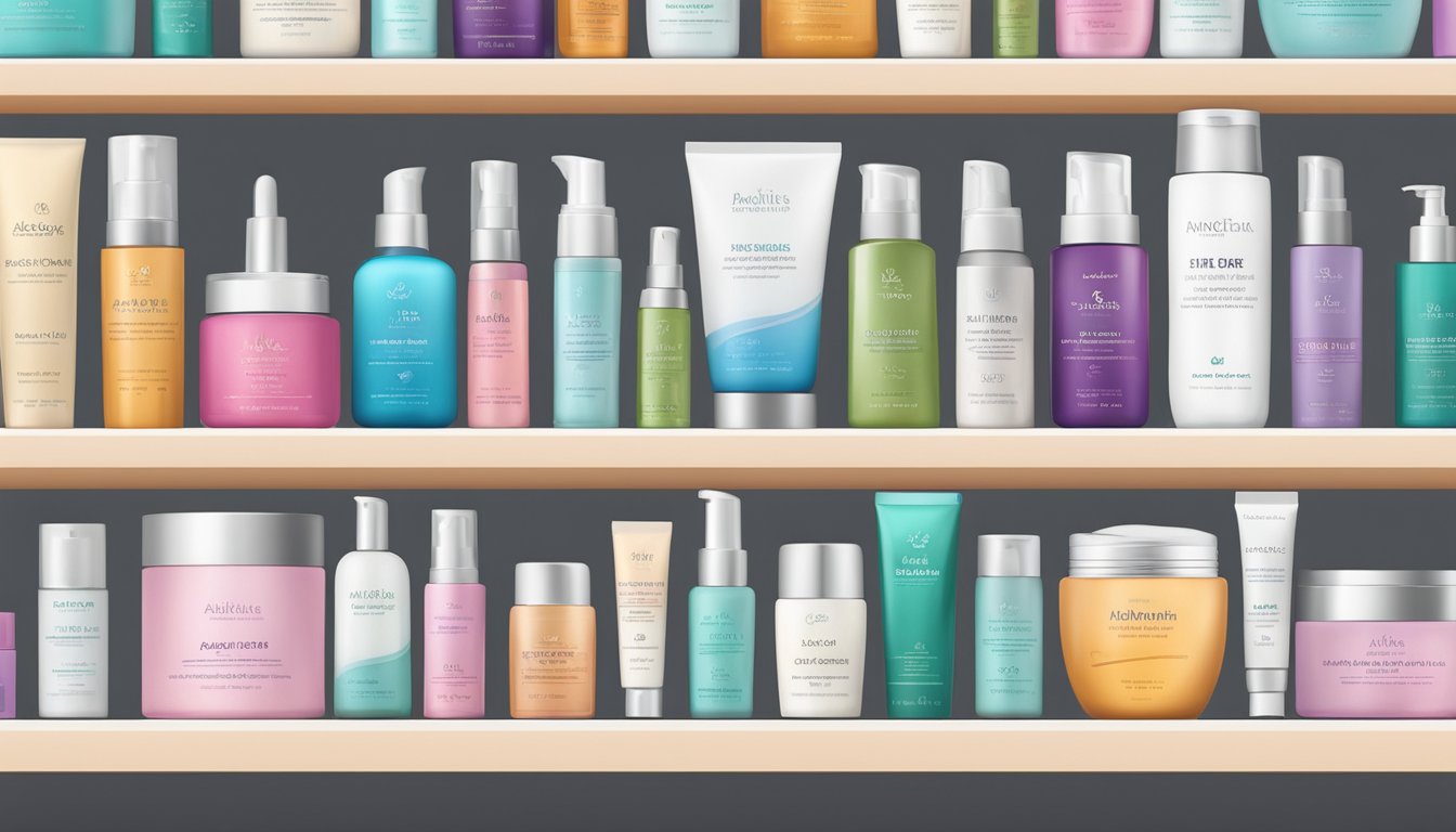 A variety of skin care products arranged neatly on a shelf, with colorful packaging and labels featuring different skin care brands