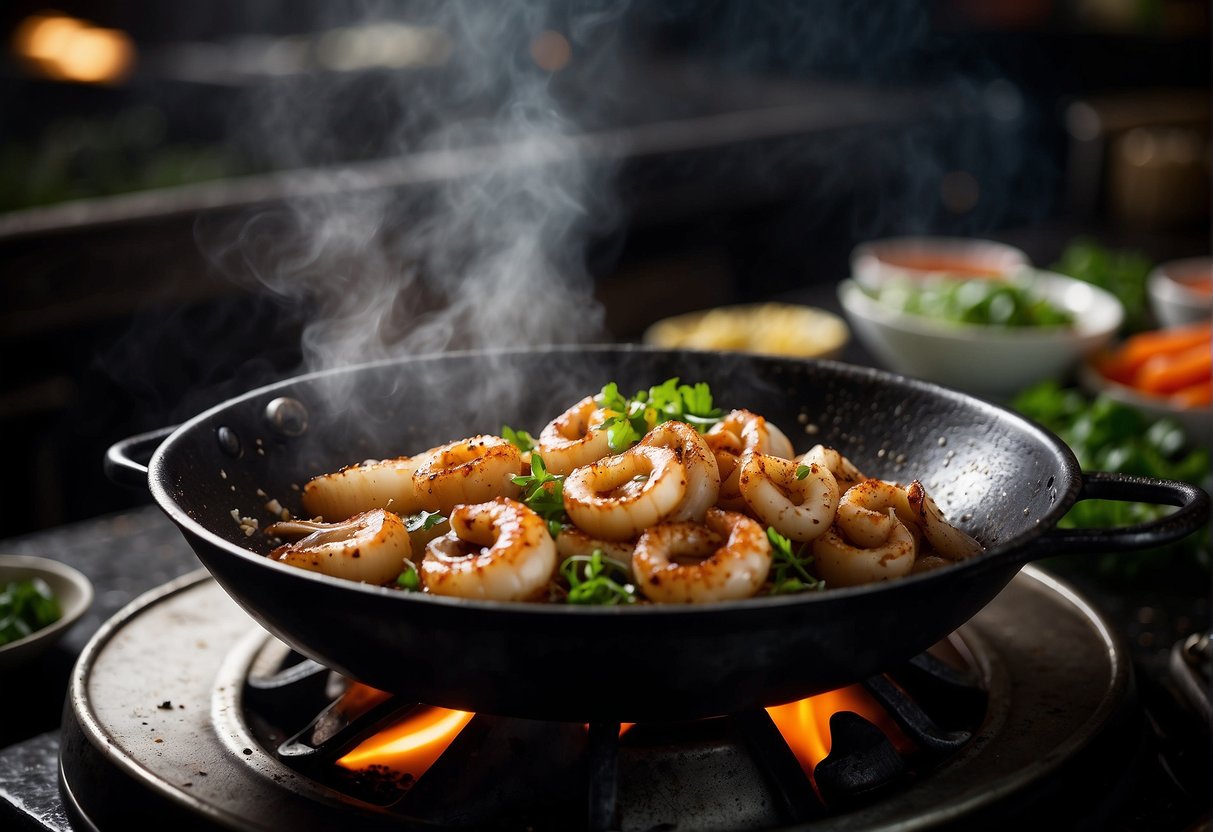 Sizzling squid in a wok, seasoned with salt and pepper, as steam rises from the pan