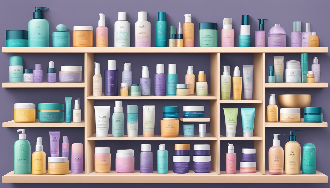 A shelf filled with top skin care brands, neatly arranged with colorful packaging and various products on display