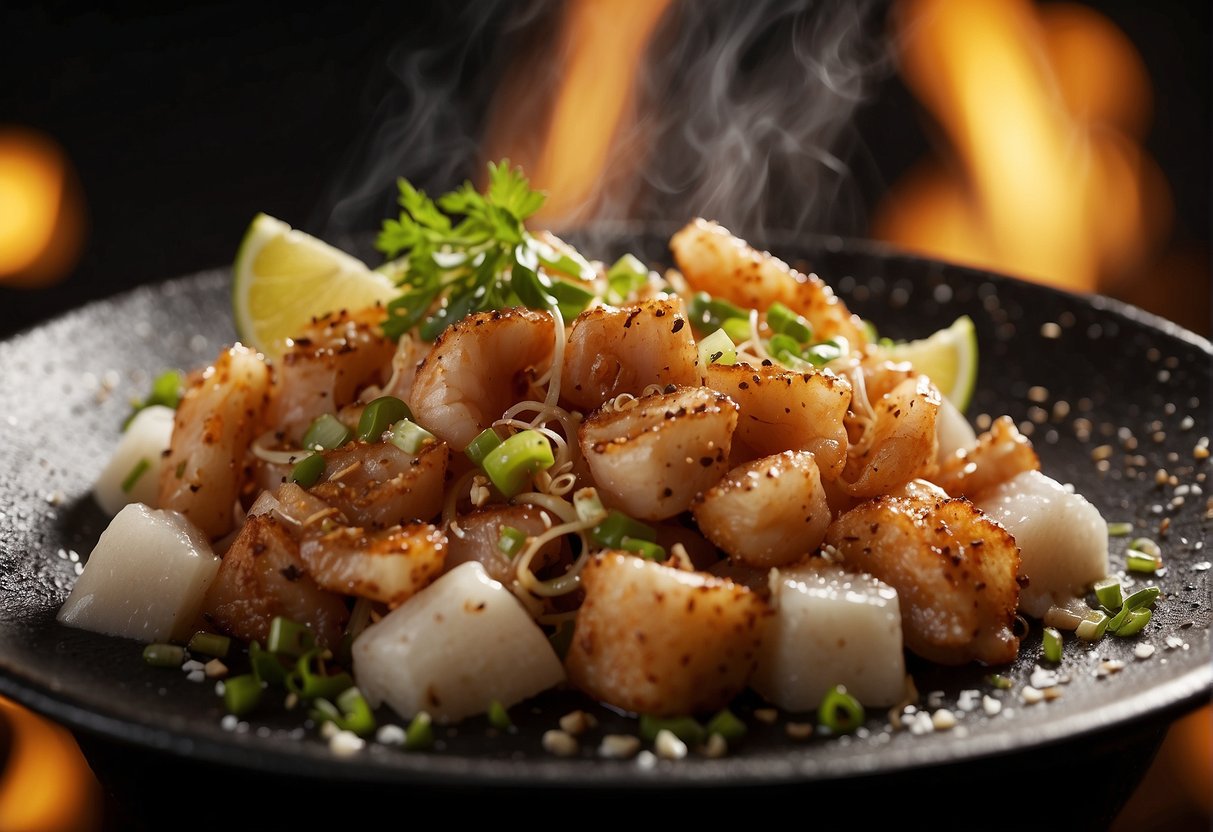 A sizzling wok tosses chunks of tender squid with aromatic salt and pepper, creating a tantalizing aroma and golden crispy texture