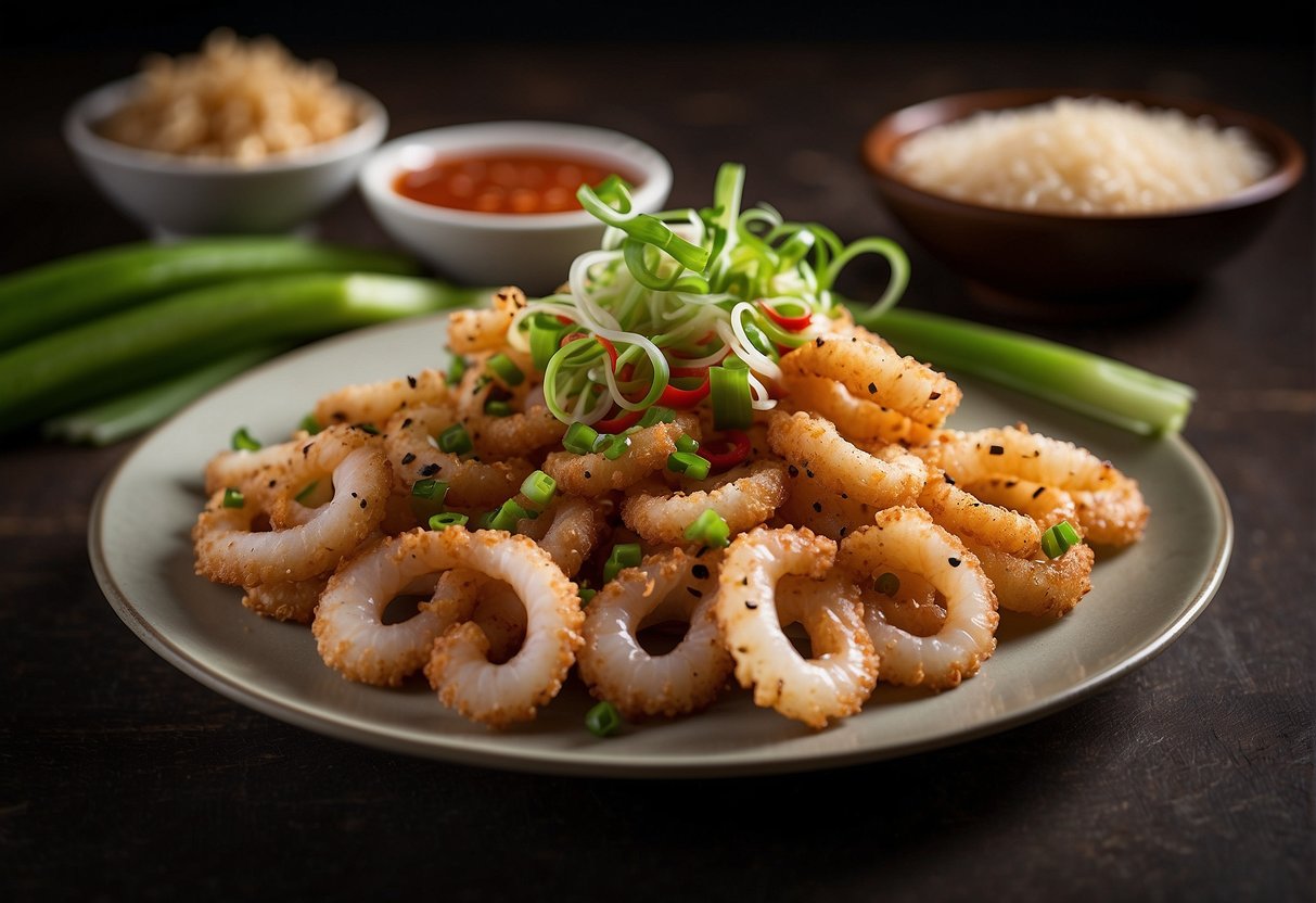 A plate of crispy salt and pepper Chinese squid, garnished with fresh green onions and red chili peppers, served with a side of tangy dipping sauce
