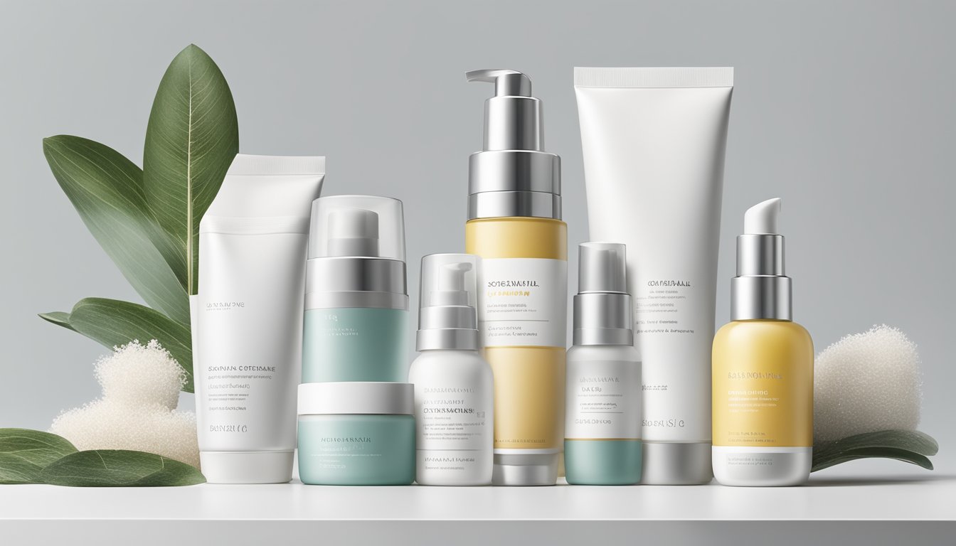 A display of essential skincare products arranged neatly on a clean, white surface with minimalist packaging and natural elements in the background