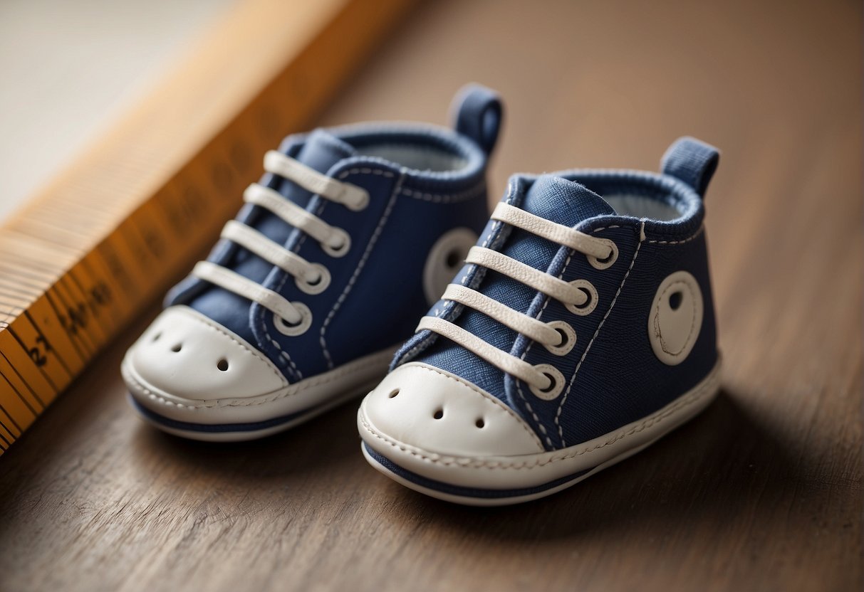 A small pair of baby shoes sits next to a ruler, indicating the average shoe size for a 1-year-old