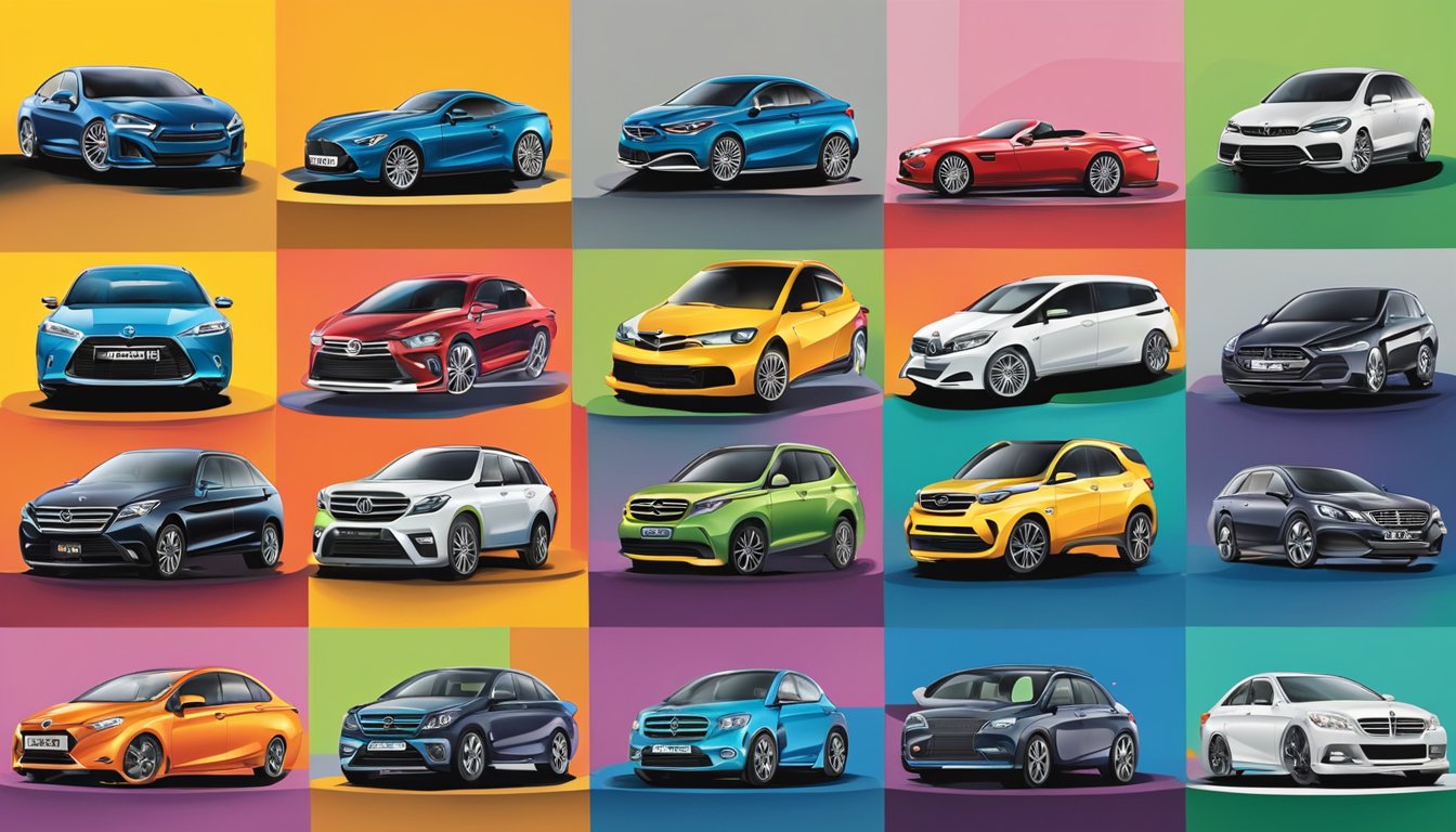 Various car logos displayed on a wall, including Toyota, Ford, BMW, and Mercedes-Benz. Bright colors and sleek designs
