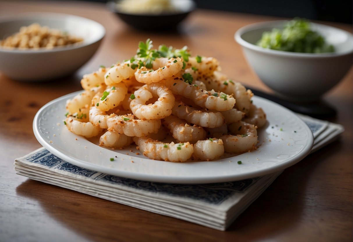 A plate of salt and pepper Chinese squid with a stack of recipe cards labeled "Frequently Asked Questions" in the background