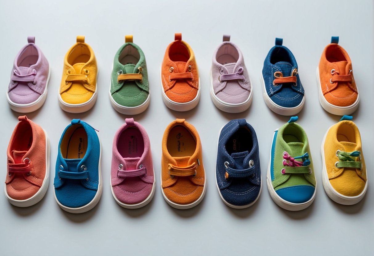 A row of colorful toddler shoes lined up from smallest to largest, with a ruler nearby to measure the average size for a 1-year-old